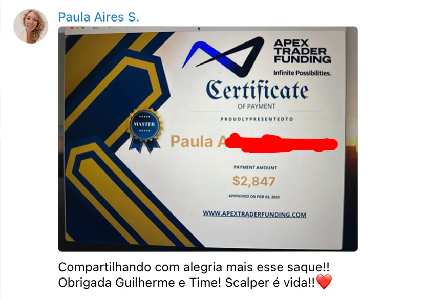 Depoimento de Paula Aires — saque Apex Trader Funding